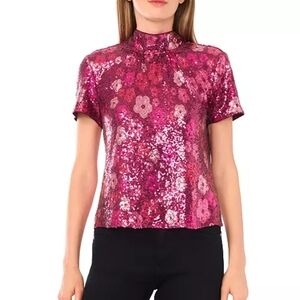 New CeCe Women's Short Sleeve Mock Neck Sequin Top